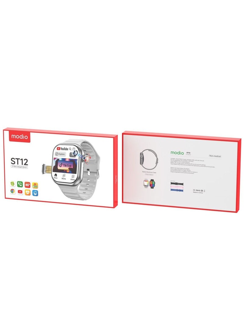 Modio ST12 Smart Watch 2.2 Inch Full Screen Display With 4G SIM card Support 3 Pair Straps and Wireless Charger For Ladies and Gents Silver - Image 2